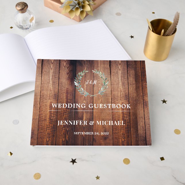 Livre D'or Feuilles d'aquarelle sur Mariage de bois de grange (Recto ouvert)