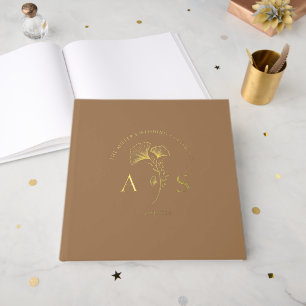 Livre D'or Feuilles de Ginkgo Élégantes Café Brun Mariage Foi