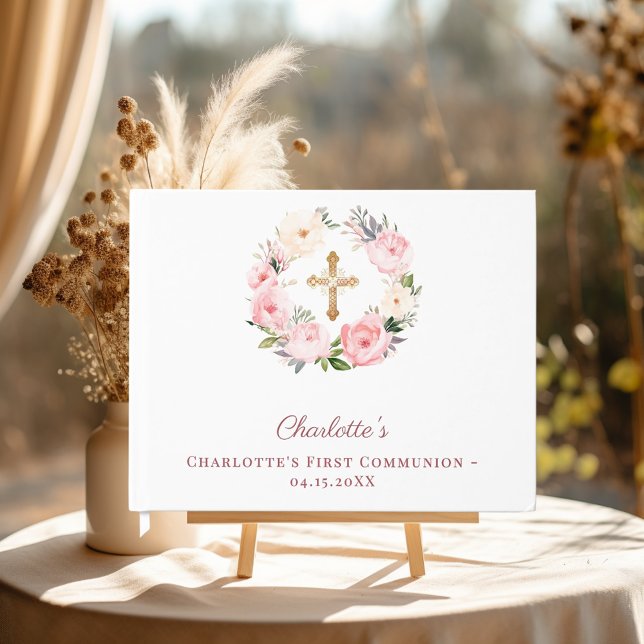 Livre D'or First Communion floral wreath pink girl (Créateur téléchargé)