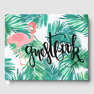 Livre D'or flamingo sur palme tropicale calligraphie feuille