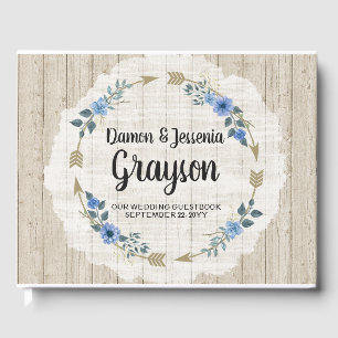 Livre D'or Flèches en bois rustique et Mariage floral bleu