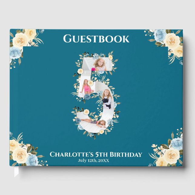Livre D'or Fleur 5e anniversaire Turquoise photo Collage bleu (Recto)