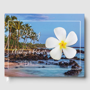 Livre D'or Fleur Plumeria blanche avec plage tropicale, Maria