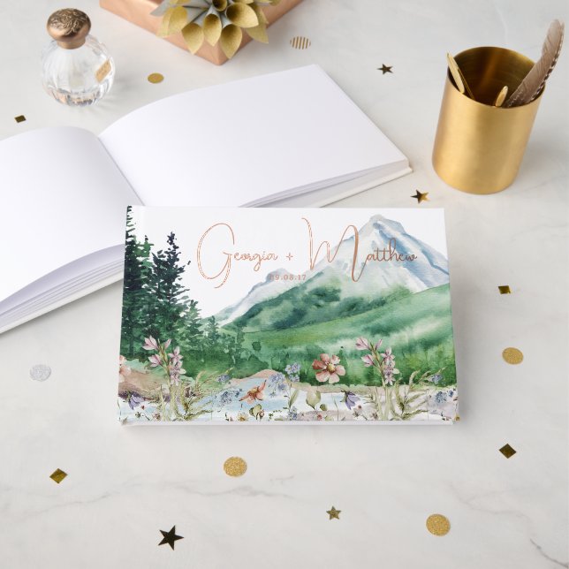 Livre D'or Fleur sauvage de montagne rustique | Mariage Boho (Recto ouvert)