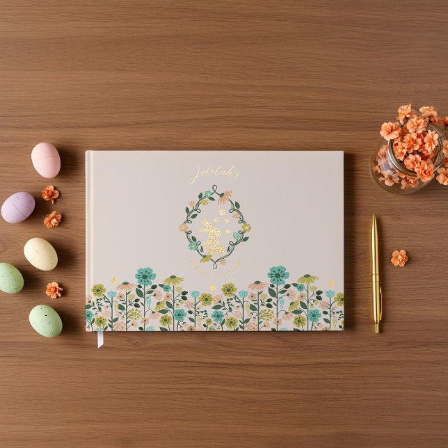 Livre D'or Fleur sauvage de printemps Baby shower lapin de Pâ (Spring Wildflower Easter Bunny Baby Shower Foil Guest Book)