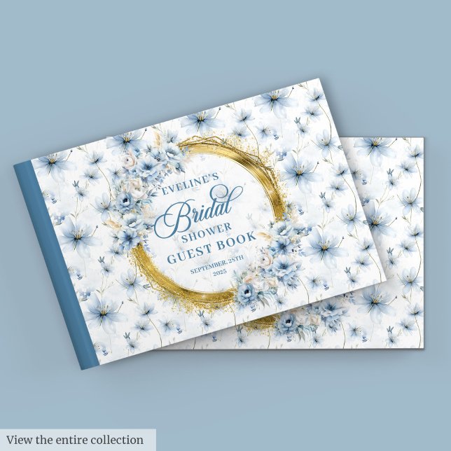 Livre D'or Fleurs Aquarelles Pâles Fleur Bleu Pailleté Or Mar (Pale Blue Gold Glitter Watercolor Flowers Bridal Guest Book)