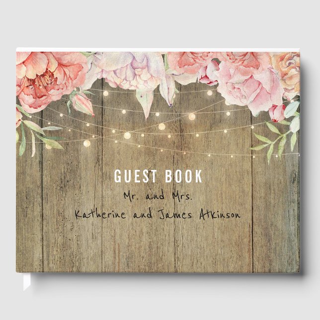 Livre D'or Fleurs blanches et roses Lumières à cordes rustiqu (Recto)