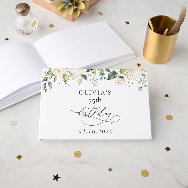 Livre D'or Fleurs Blanches, Fleurs Crème, Boho, Anniversaire (Recto ouvert)
