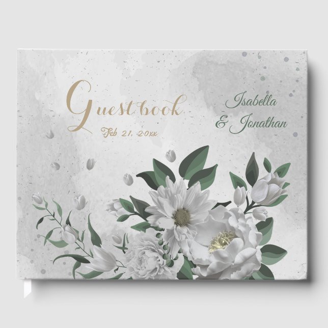 Livre D'or fleurs blanches romantiques & mariage feuille vert (Recto)