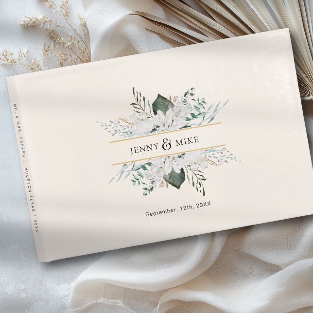 Livre D'or Fleurs blanches simples et élégantes mariage (Personalized, simple, elegant white flowers wedding guest book with your name and date.)