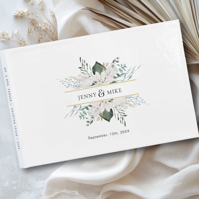 Livre D'or Fleurs blanches simples et élégantes mariage (Personalized, simple, elegant white flowers wedding guest book with your name and date.)