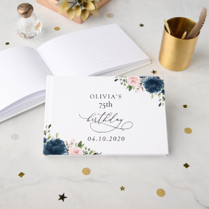 Livre D'or Fleurs Bleu Marine, Fleurs Roses, Bohème, Annivers