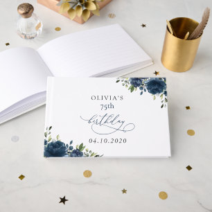 Livre D'or Fleurs Bleu Marine, Verdure, Boho, Anniversaire
