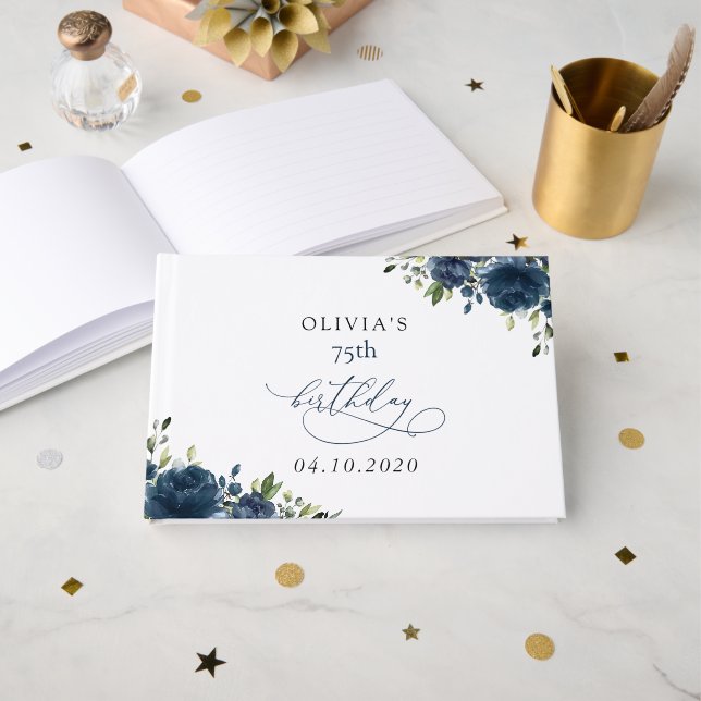 Livre D'or Fleurs Bleu Marine, Verdure, Boho, Anniversaire (Recto ouvert)