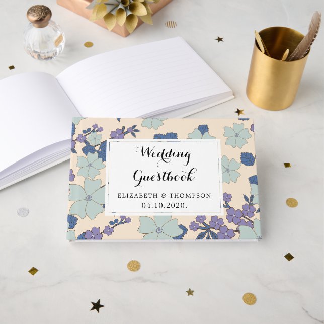 Livre D'or Fleurs Bleues, Fleurs Violettes, Mariage Floral (Recto ouvert)