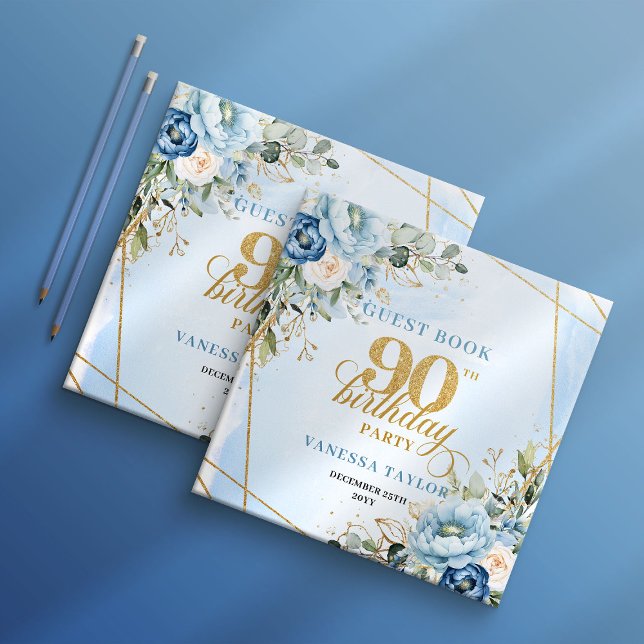 Livre D'or Fleurs bleues poussiéreuses modernes écriture 90e  (Modern Dusty Blue Flowers Script 90th Birthday Guest Book

)