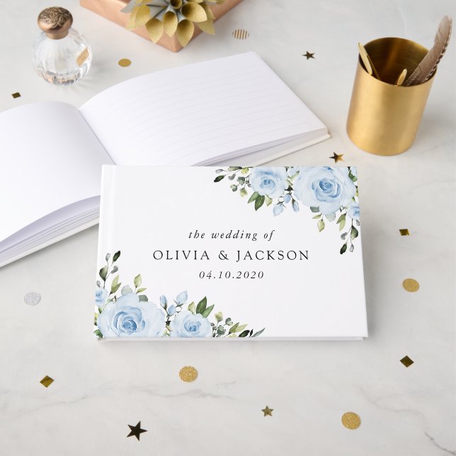 Livre D'or Fleurs bleues poussiéreuses, Verdure, Boho, Mariag (Recto ouvert)