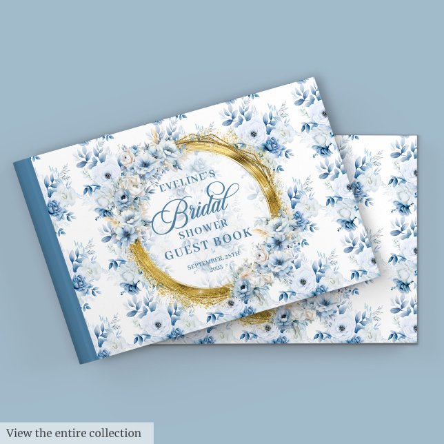 Livre d'or Fleurs Bohèmes Pailleté Or et Bleu Poud (Powder Blue Gold Glitter Boho Flowers Guest Book

)