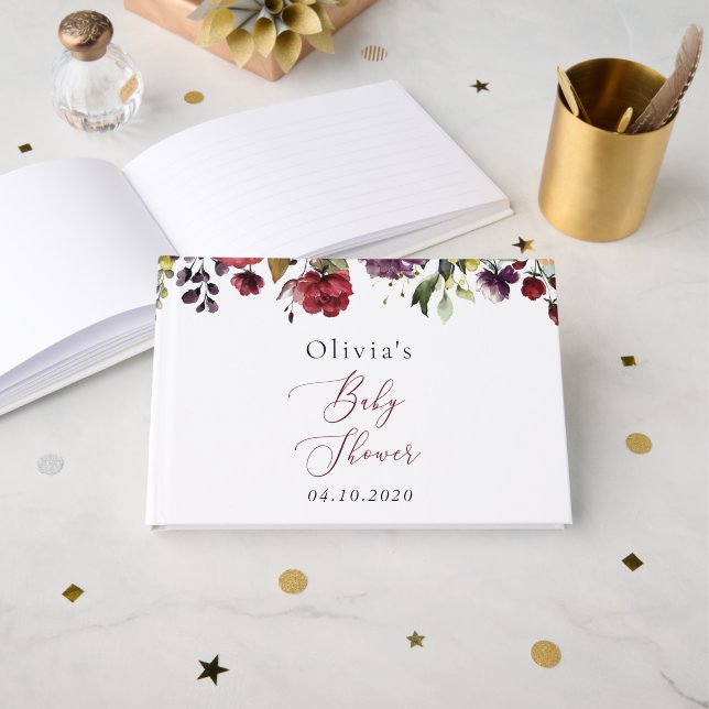 Livre D'or Fleurs Bourgognes, Fleurs Roses, Boho, Baby shower (Recto ouvert)