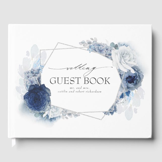 Livre D'or Fleurs d'aquarelle bleue Élégant Mariage d'argent (Recto)