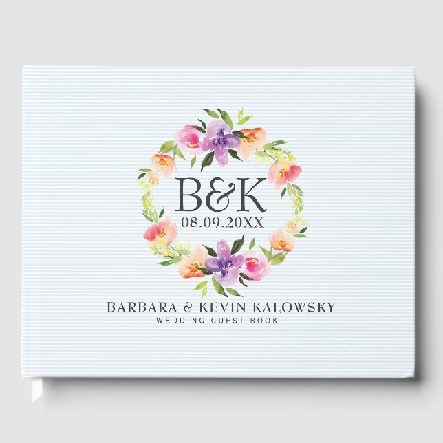 Livre D'or Fleurs d'aquarelle colorée Mariage Wreath (Recto)