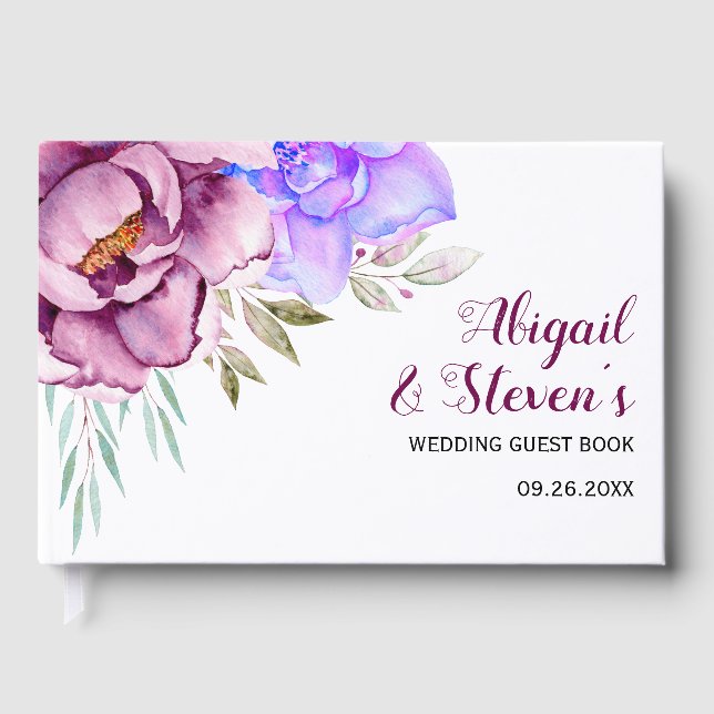 Livre D'or Fleurs d'aquarelle violet bleu mariage (Recto)
