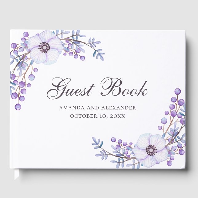 Livre D'or Fleurs d'aquarelle violet. Mariage floral violet (Recto)