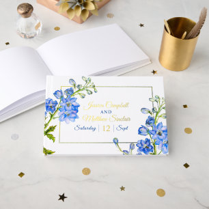 Livre D'or Fleurs de delphinium bleu aquarelle mariage or