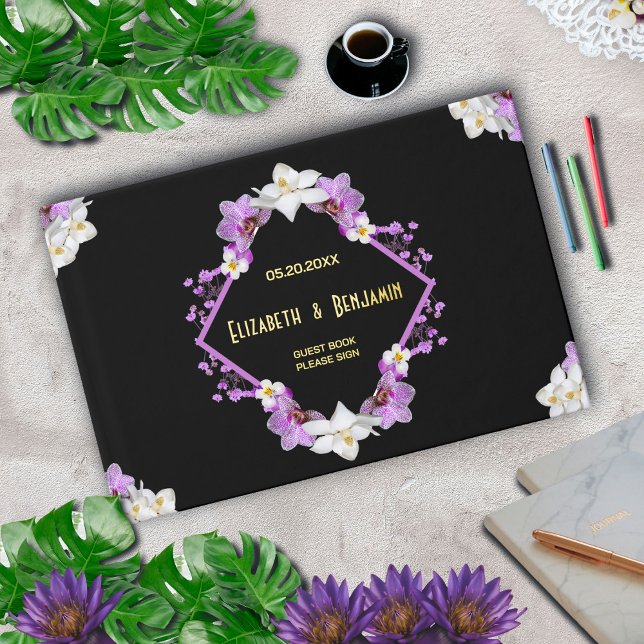 Livre D'or Fleurs de mariage florales Aquarelle Or personnali (Floral Wedding Flowers Watercolor Gold Custom Guest Book has a modern floral design.)