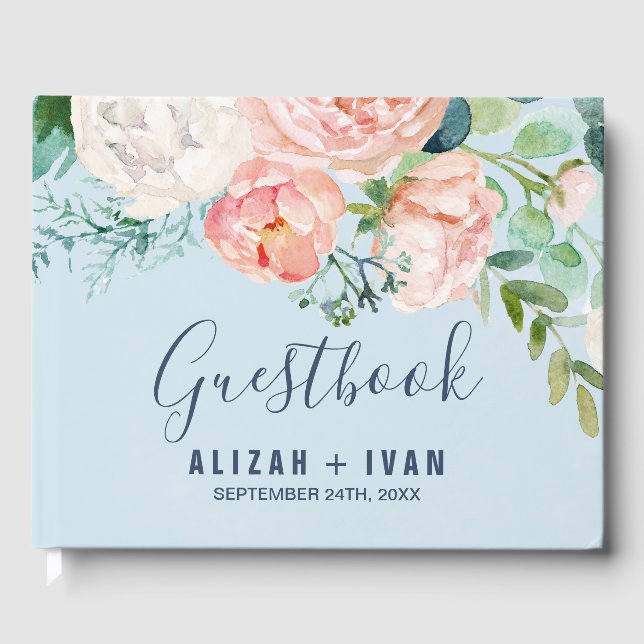 Livre D'or Fleurs de pivoines romantiques | Mariage bleu clai (Recto)