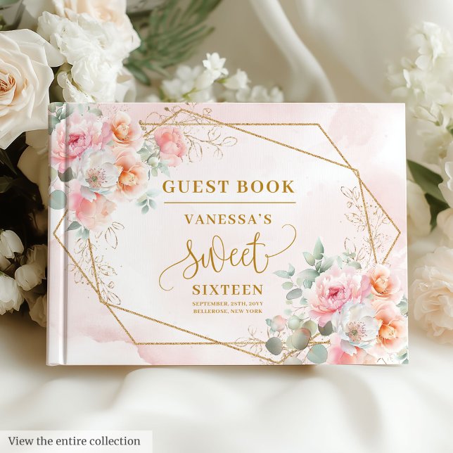 Livre D'or Fleurs d'or rose en poudre glamour Sweet sixteen (Glamorous Powder Pink Gold Flowers Sweet 16 Guest Book)