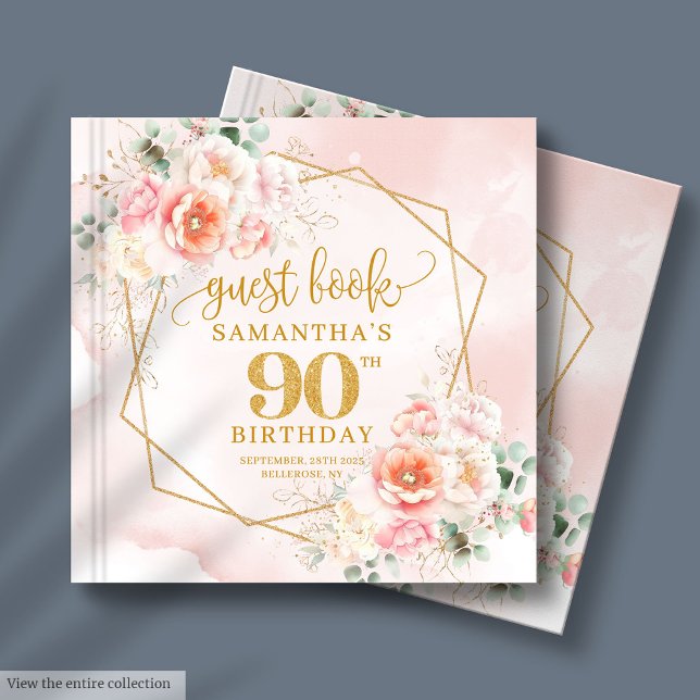 Livre D'or Fleurs d'or rose pastel classique 90e anniversaire (Classic Pastel Pink Gold Flowers 90th Birthday Guest Book)