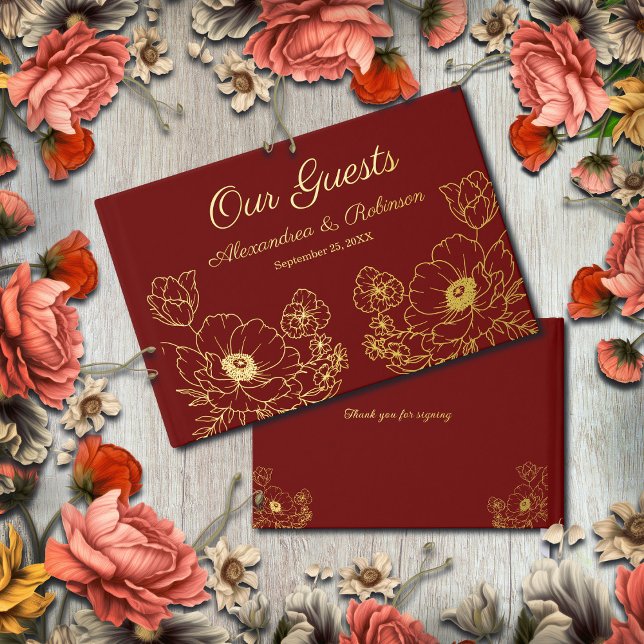 Livre D'or Fleurs Floral Mariage Anniversaire Or Rouge (Flowers Floral Wedding Anniversary Gold Red Foil Guest Book is wonderful for guest to sign at event.)