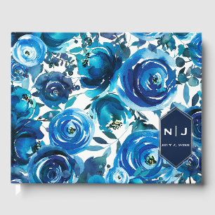 Livre D'or Fleurs Florales Indigo Bleu Élégant Chic Mariage