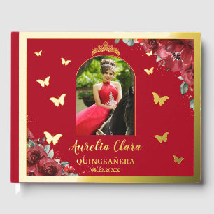 Livre D'or Fleurs florales rouges Gold Quinceañera Quince Pho