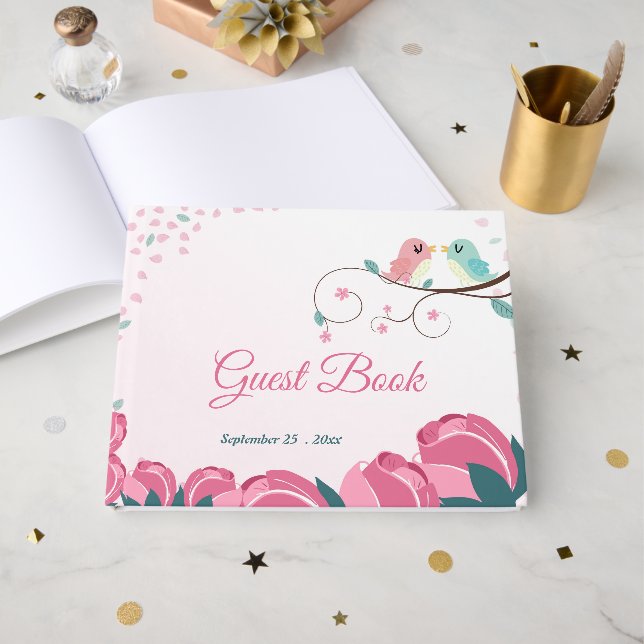 Livre D'or fleurs inséparables roses feuilles (Recto ouvert)