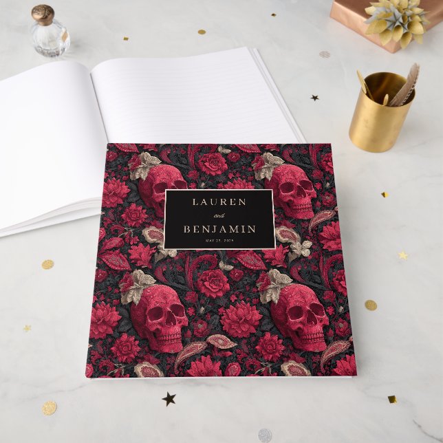Livre D'or Fleurs noires gothiques de crânes (Recto ouvert)