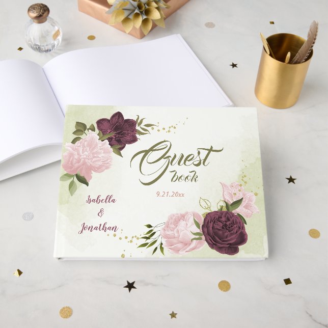 Livre D'or fleurs roses cabernet verdure  (Recto ouvert)