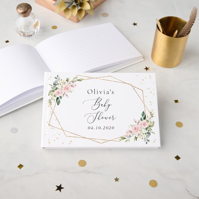 Livre D'or Fleurs roses, Fleurs blanches, Verdure, Baby Showe (Recto ouvert)