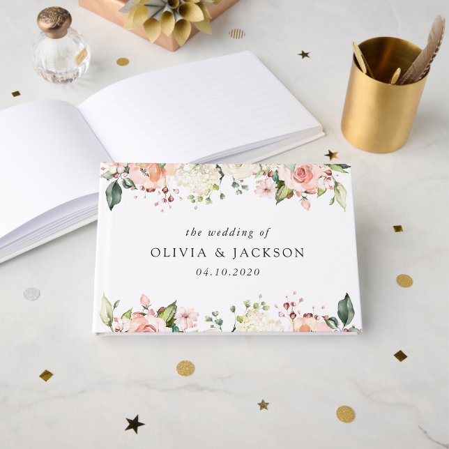 Livre D'or Fleurs roses, Fleurs blanches, Verdure, Mariage (Recto ouvert)