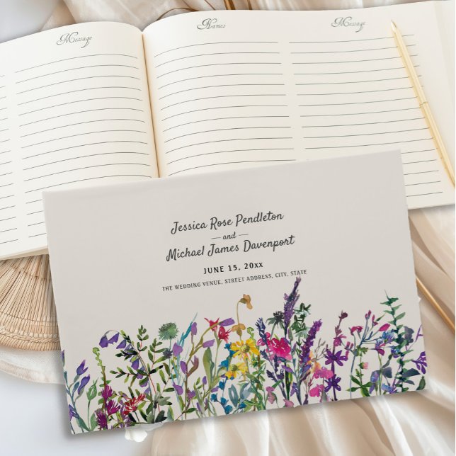 Livre D'or Fleurs sauvages d'aquarelle Crème violet Mariage (Watercolor wildflowers wedding guestbook)