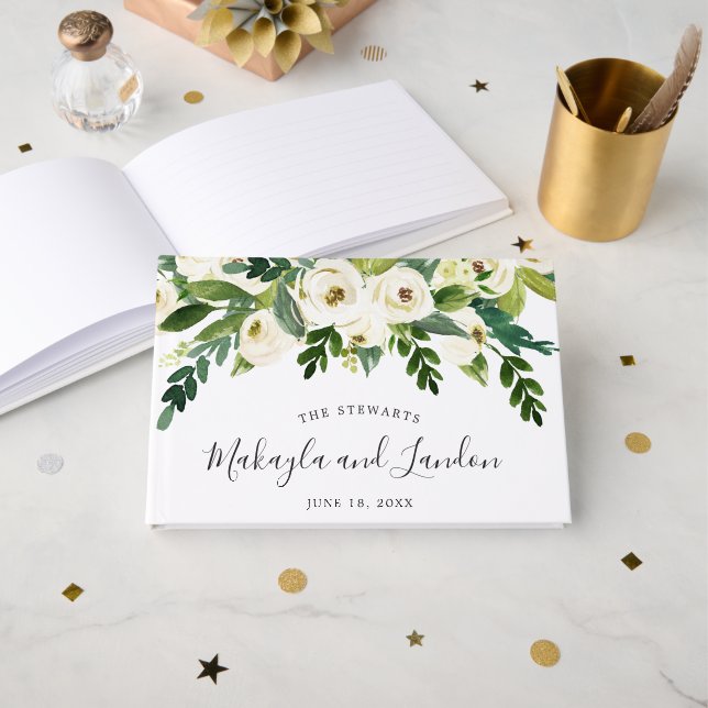 Livre D'or Fleurs Verdure Roses Blanches Mariage Élégant (Recto ouvert)