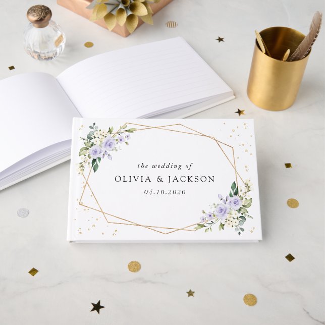 Livre D'or Fleurs violettes, Fleurs blanches, Boho, Mariage (Recto ouvert)