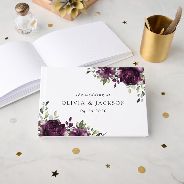 Livre D'or Fleurs violettes, Fleurs de prunes, Boho, Mariage  (Recto ouvert)