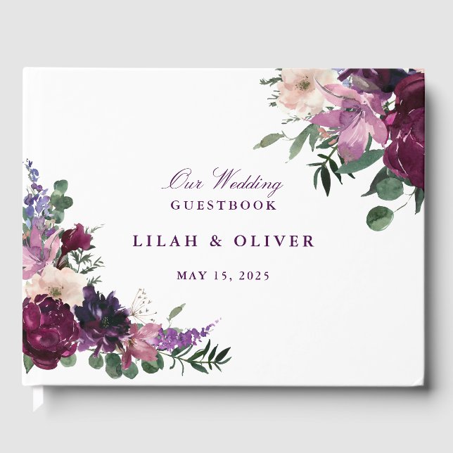 Livre D'or Fleurs violettes luxuriantes | Mariage romantique (Recto)