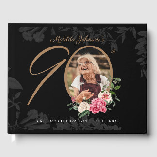 Livre D'or Floral 90e anniversaire Elégant Black Gold personn