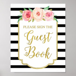 Livre d'or floral aquarelle rose et or noir Sign