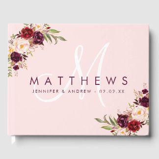 Livre D'or Floral Bourgogne Blush rose moderne Mariage Monogr