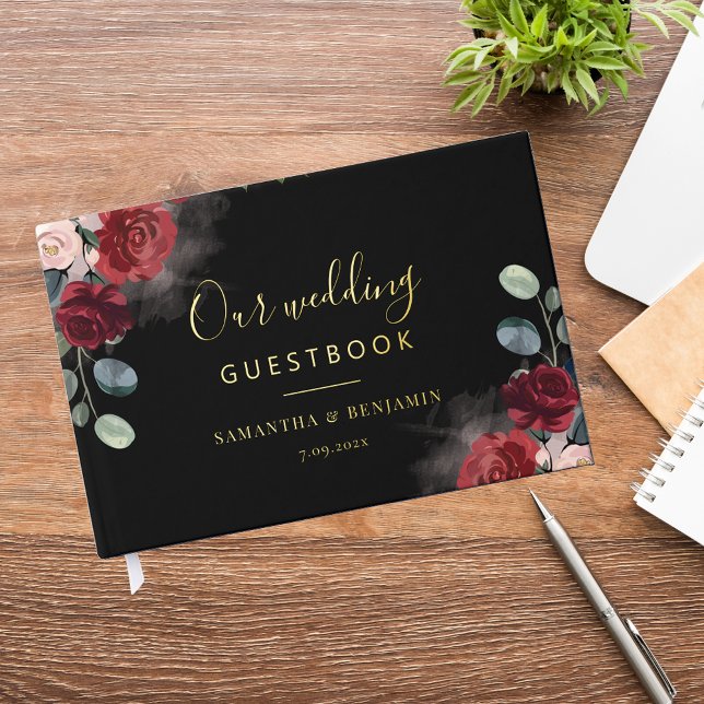 Livre D'or Floral Burgundy Aquarelle Mariage de automne or hu (Burgundy Floral Watercolor Gold Foil Wedding Guest Book)
