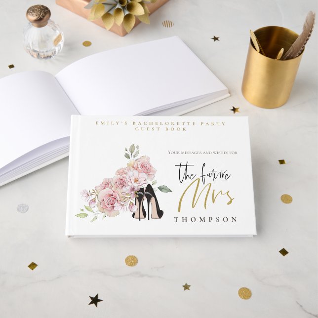 Livre D'or Floral Hen Party Futur Mme Nom Black Gold Script (Recto ouvert)